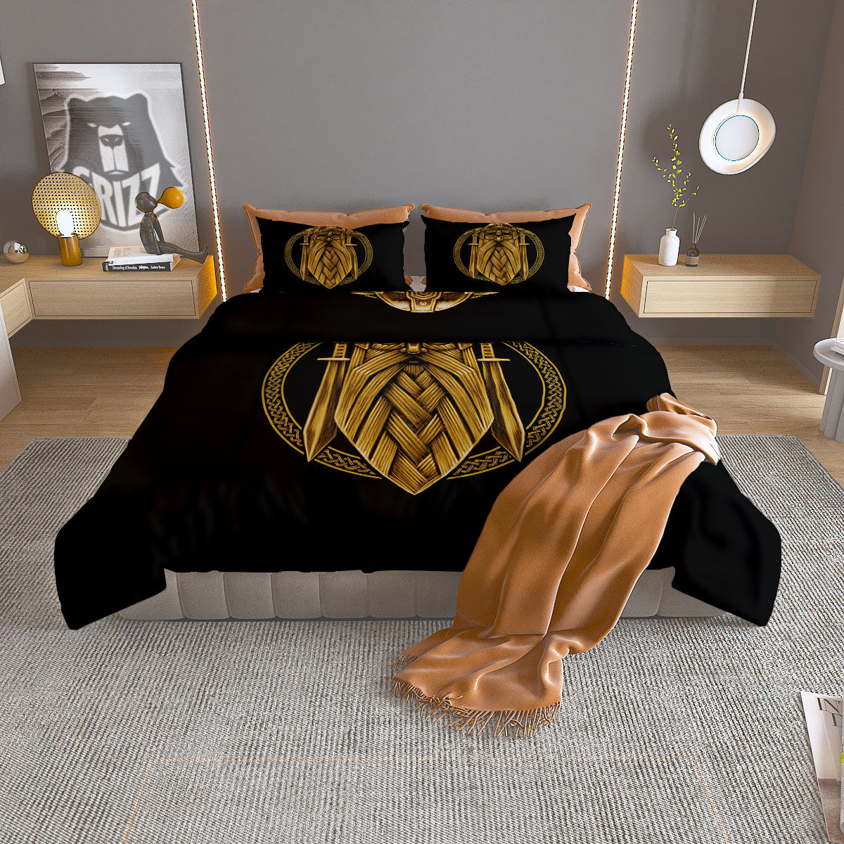 Norse God Odin Gold Viking Print Duvet Cover Bedding Set