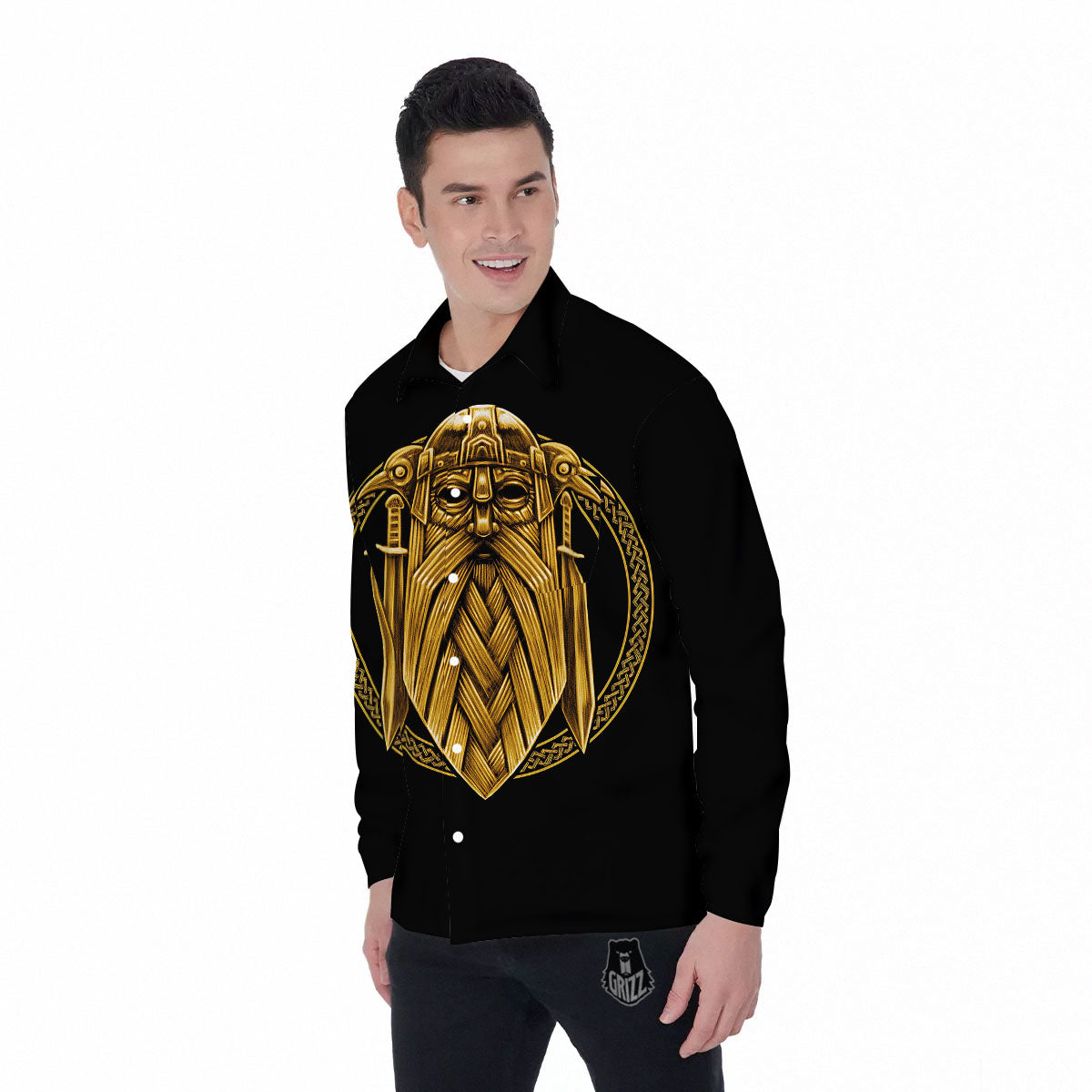 Norse God Odin Gold Viking Print Men's Long Sleeve Shirts-grizzshop