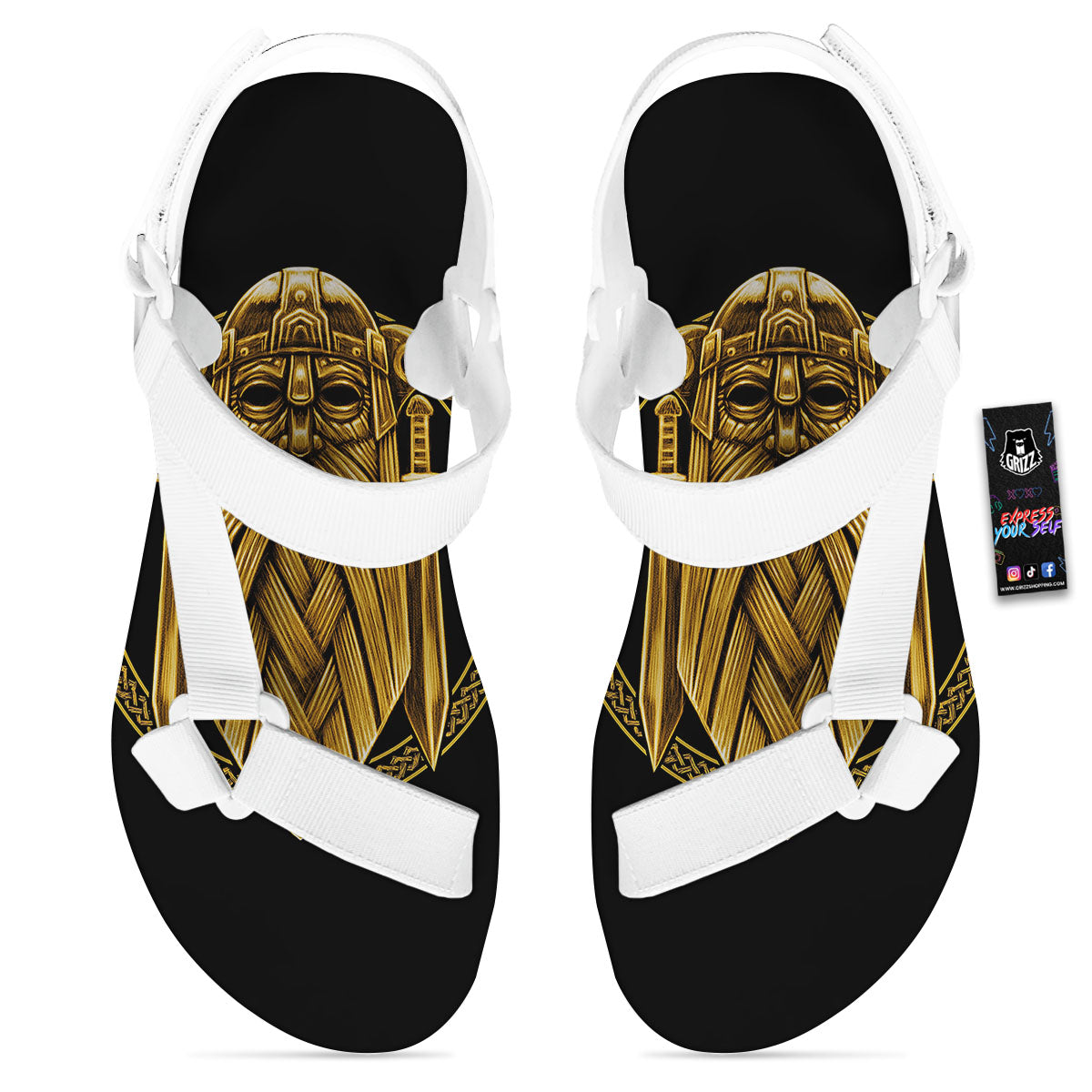 Norse God Odin Gold Viking Print White Open Toe Sandals-grizzshop