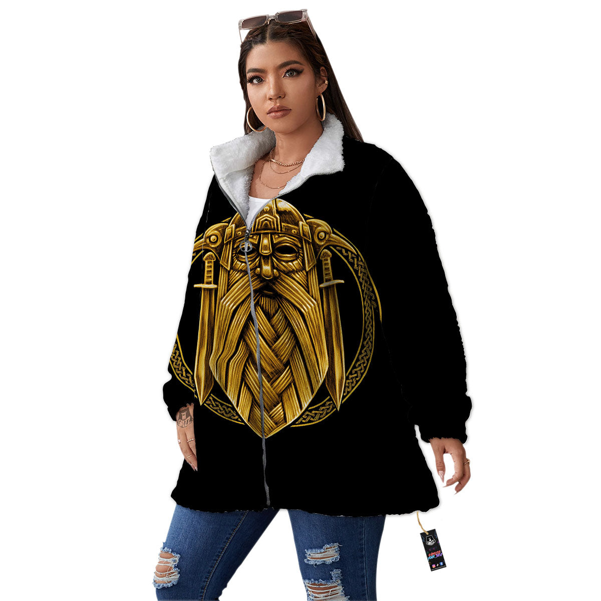 Norse God Odin Gold Viking Print Women's Sherpa Jacket-grizzshop