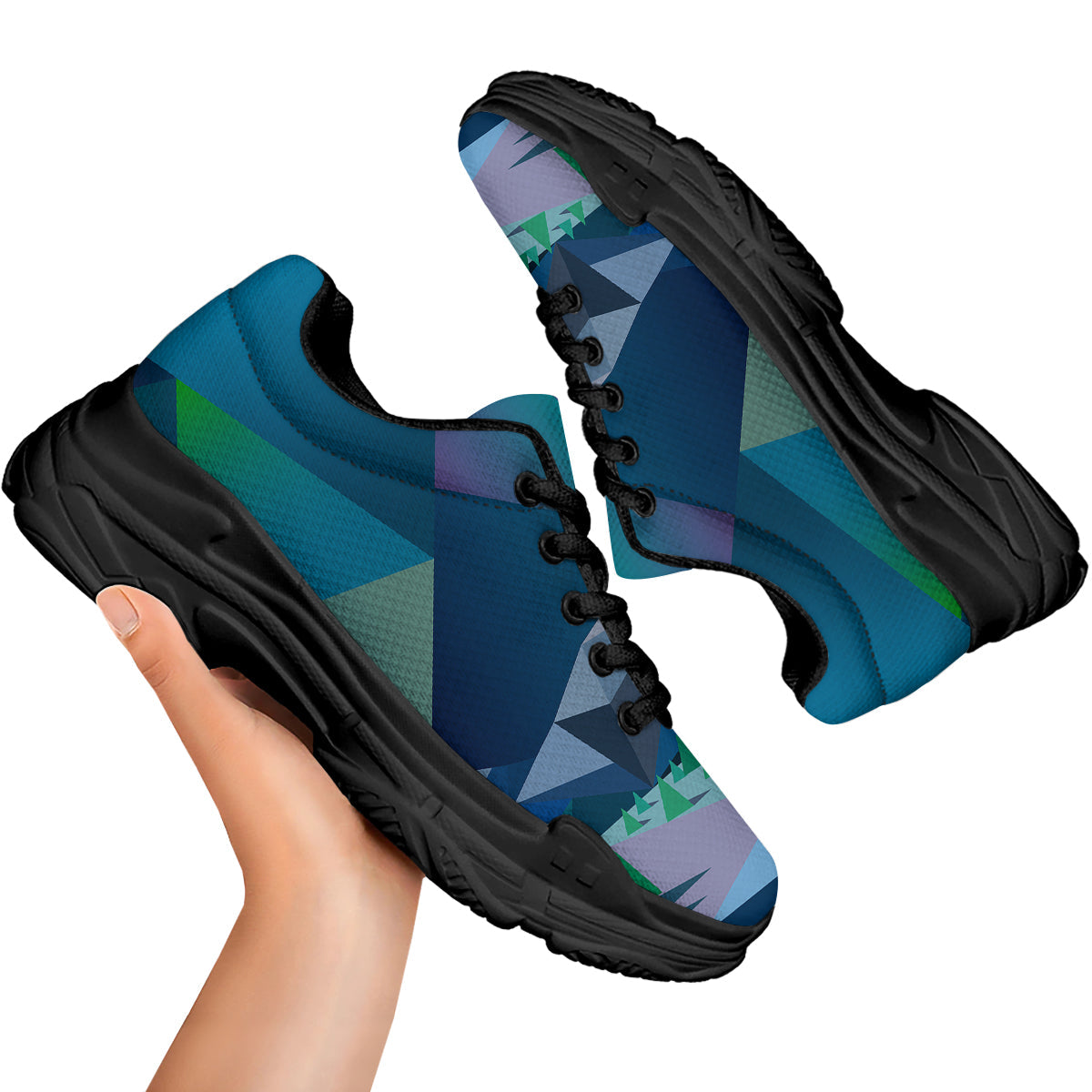 Northern Lights Geometric Polygonal Print Black Chunky Shoes-grizzshop