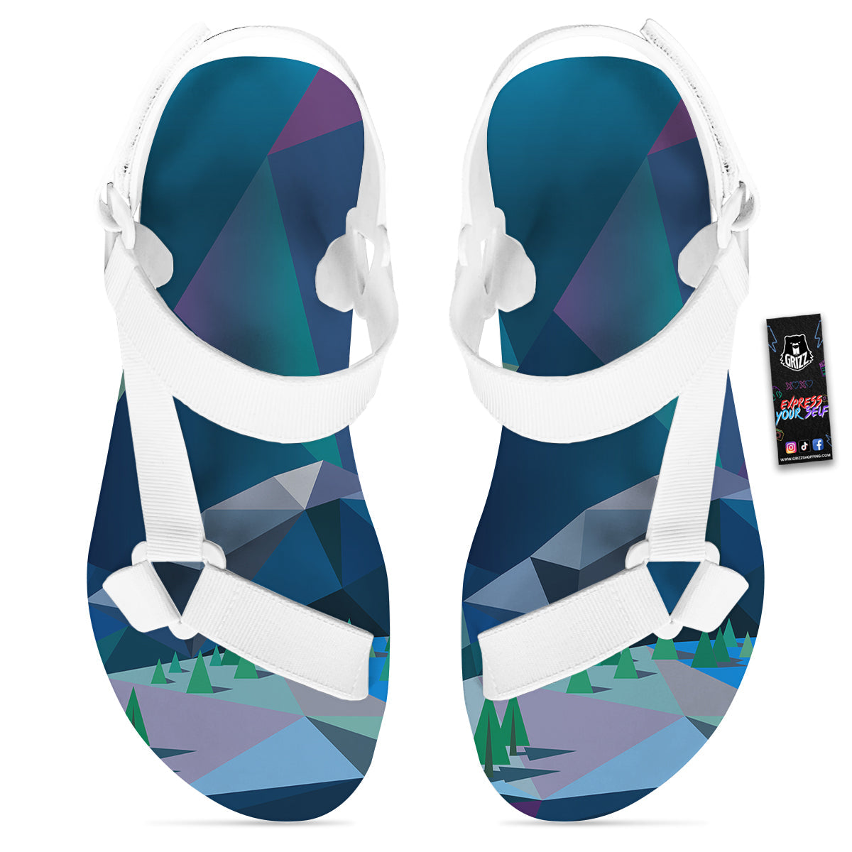 Northern Lights Geometric Polygonal Print White Open Toe Sandals-grizzshop