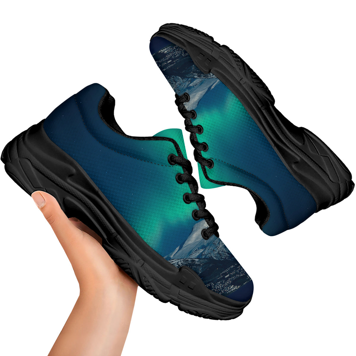 Northern Lights Print Black Chunky Shoes-grizzshop