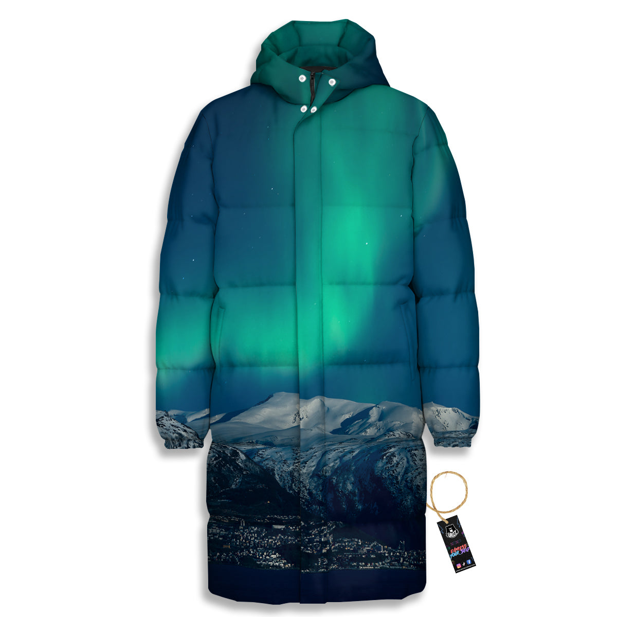 Northern Lights Print Long Down Jacket-grizzshop