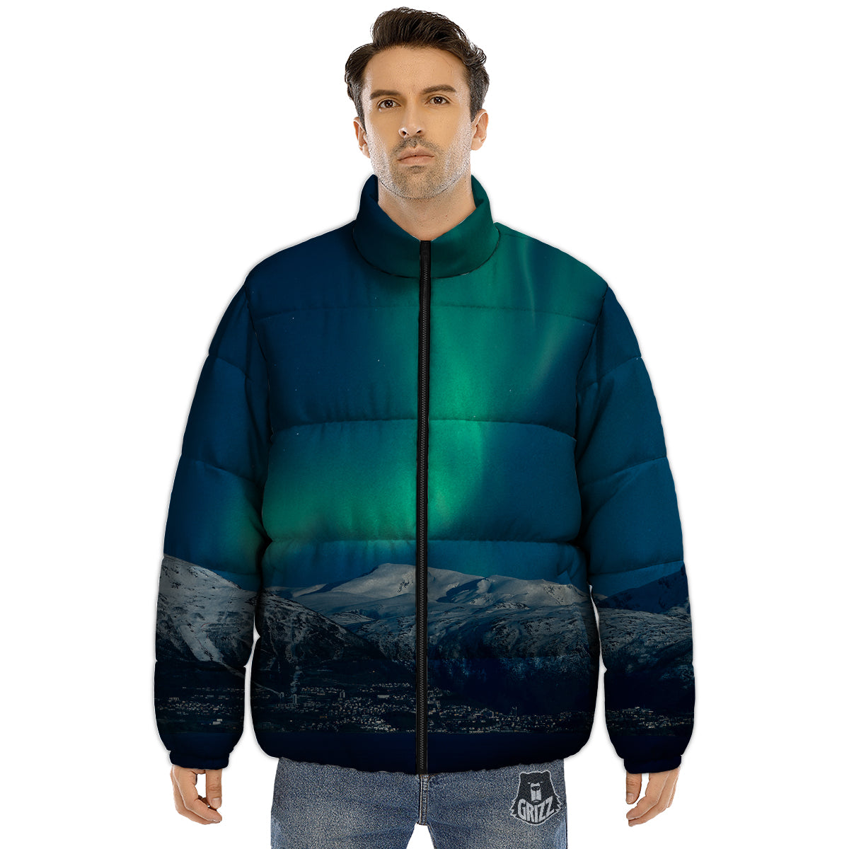 Northern Lights Print Puffer Jacket-grizzshop