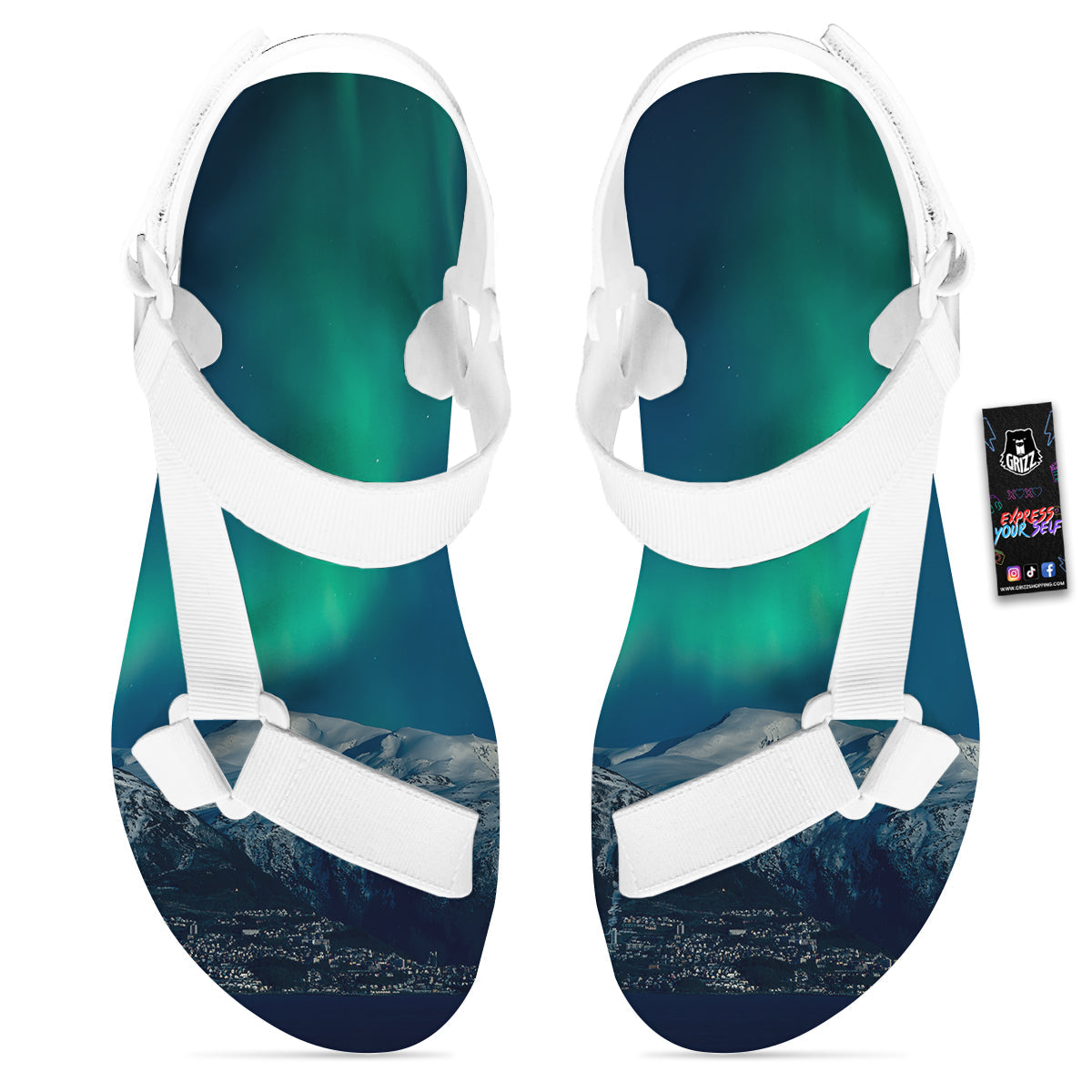 Northern Lights Print White Open Toe Sandals-grizzshop
