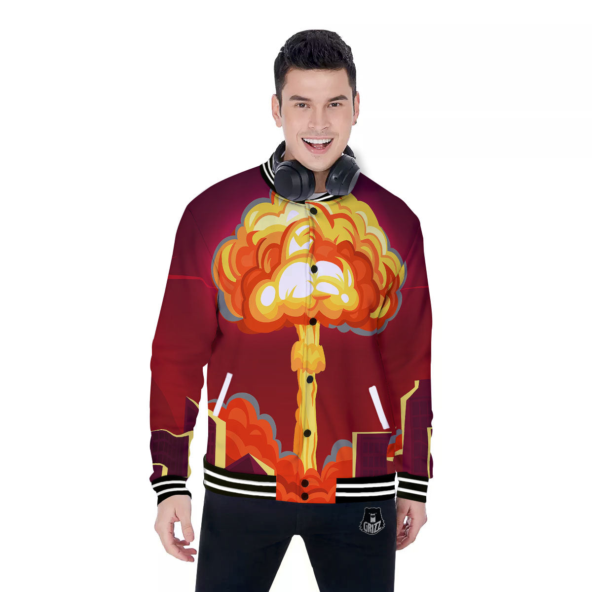 Nuclear Explosion In City Print Baseball Jacket-grizzshop