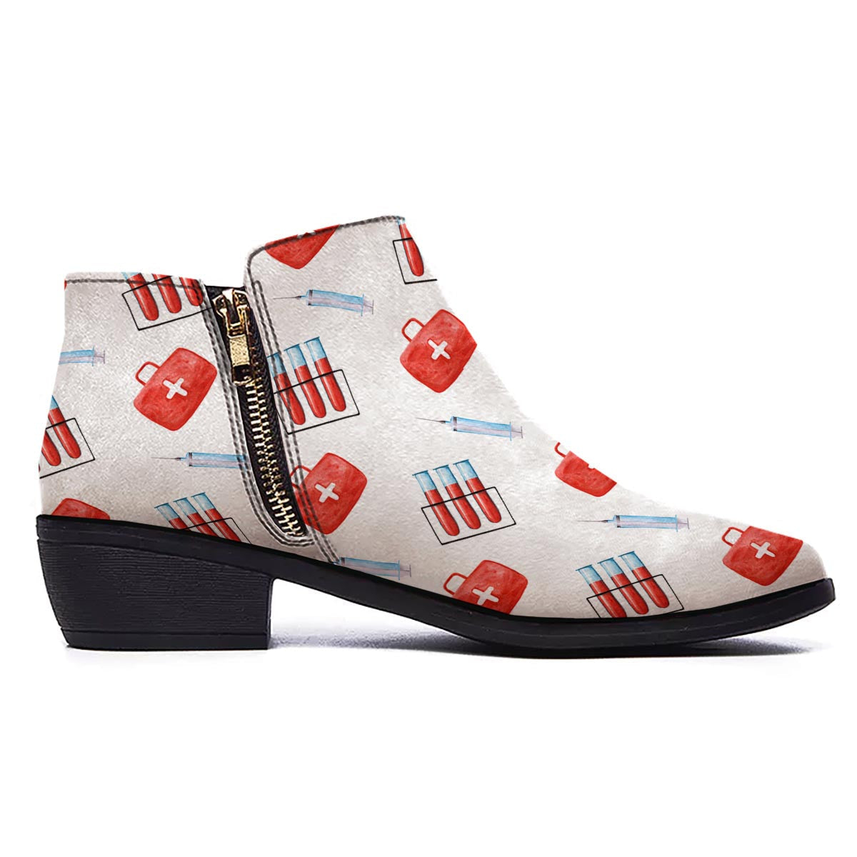 Nurse White And Red Print Pattern Ankle Boots-grizzshop