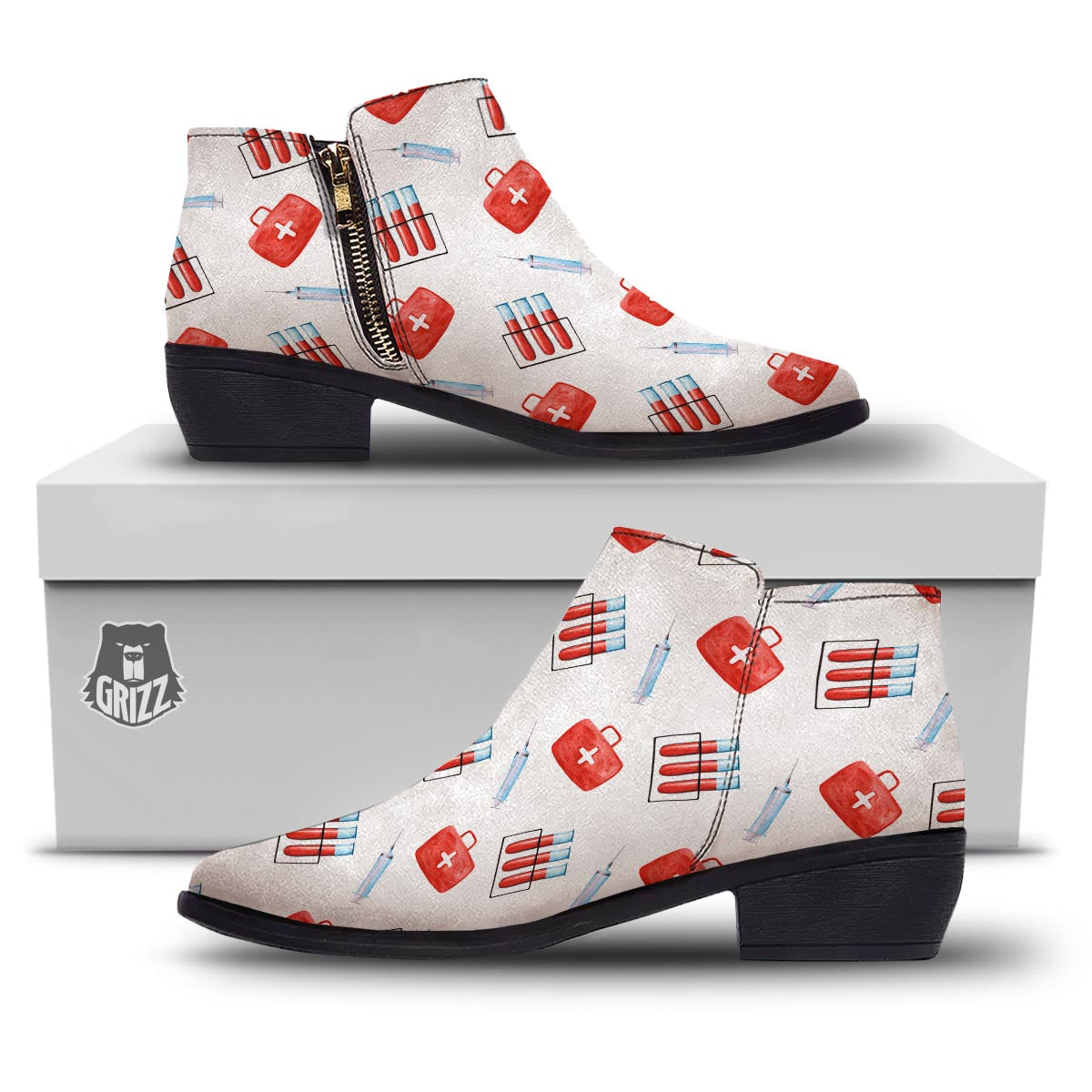Nurse White And Red Print Pattern Ankle Boots-grizzshop
