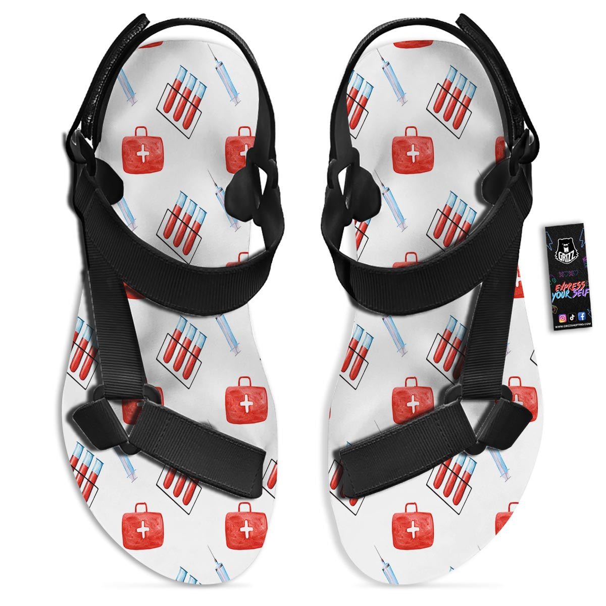 Nurse White And Red Print Pattern Black Open Toe Sandals-grizzshop