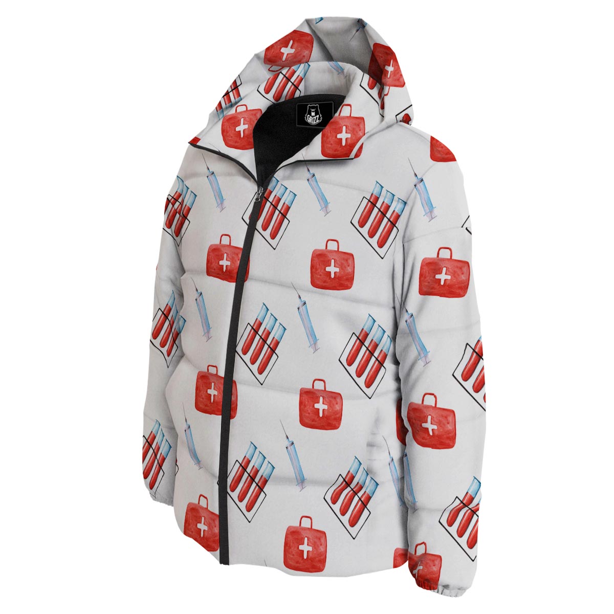 Nurse White And Red Print Pattern Down Jacket-grizzshop