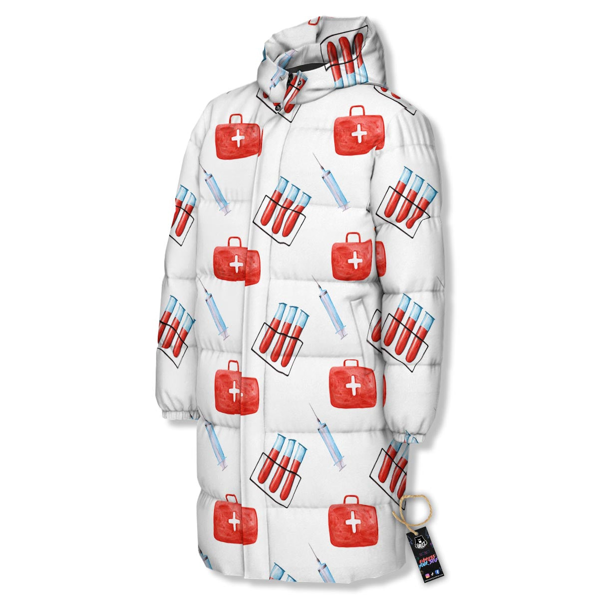 Nurse White And Red Print Pattern Long Down Jacket-grizzshop
