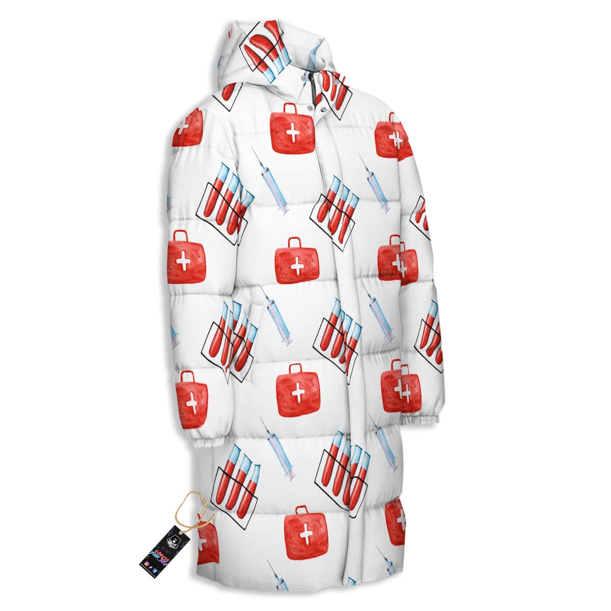 Nurse White And Red Print Pattern Long Down Jacket-grizzshop