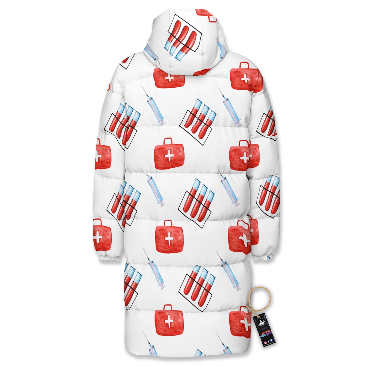 Nurse White And Red Print Pattern Long Down Jacket-grizzshop