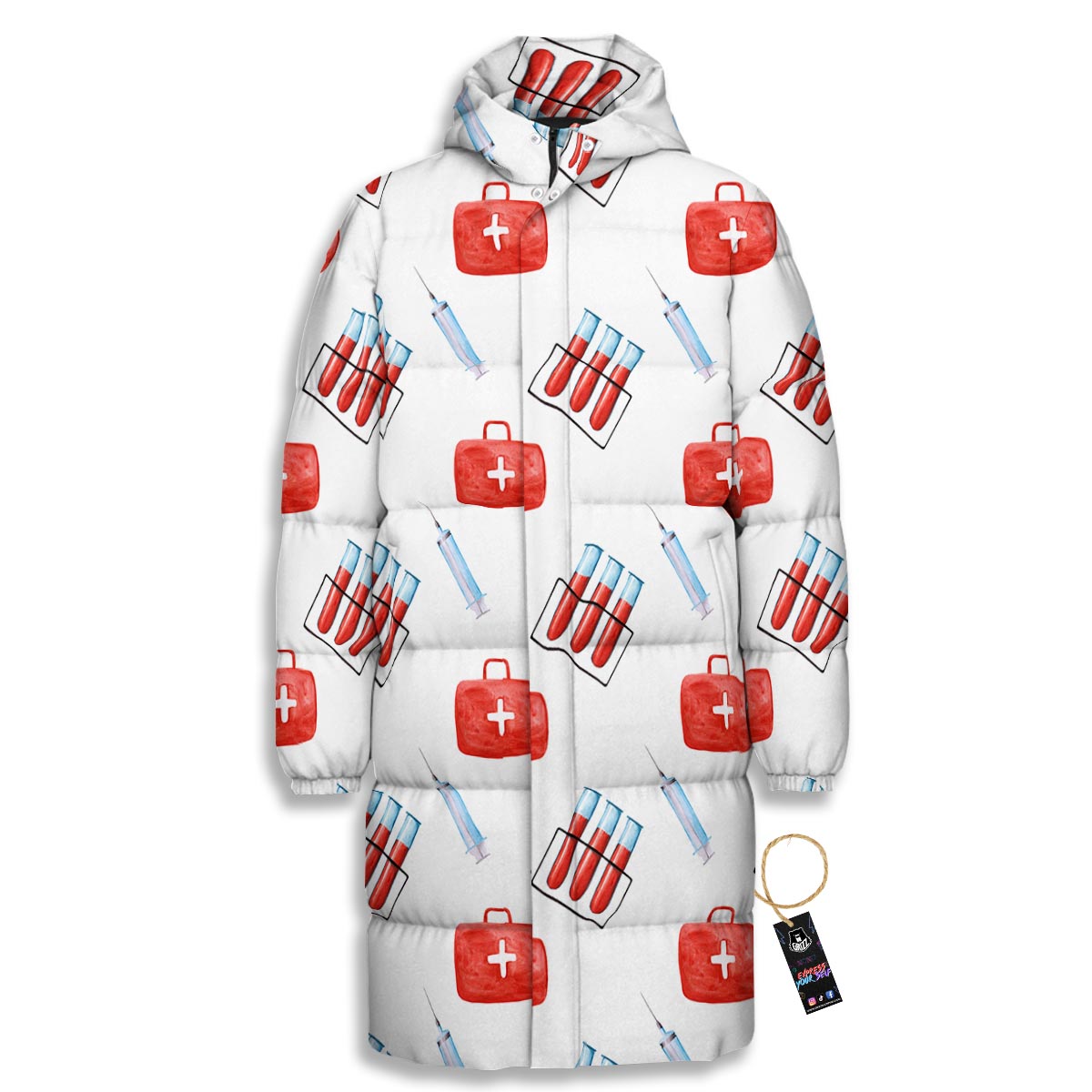 Nurse White And Red Print Pattern Long Down Jacket-grizzshop