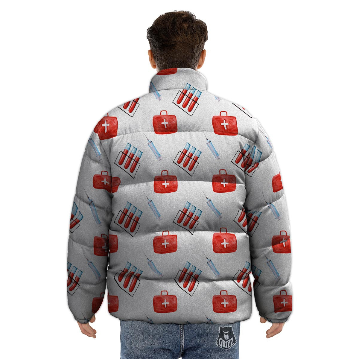 Nurse White And Red Print Pattern Puffer Jacket-grizzshop