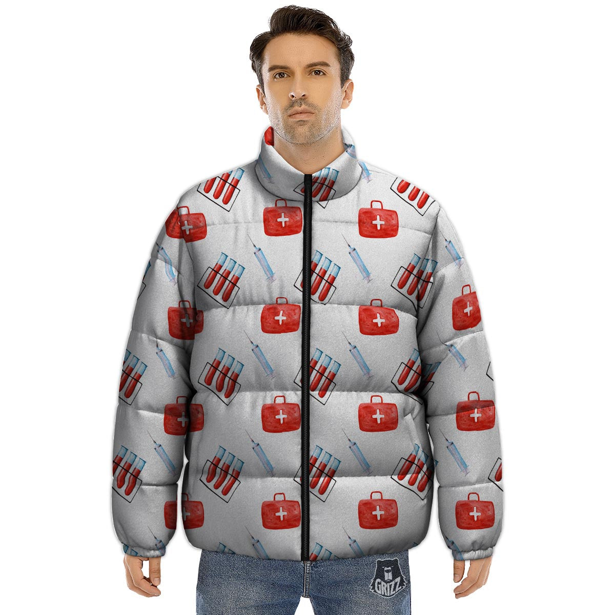 Nurse White And Red Print Pattern Puffer Jacket-grizzshop