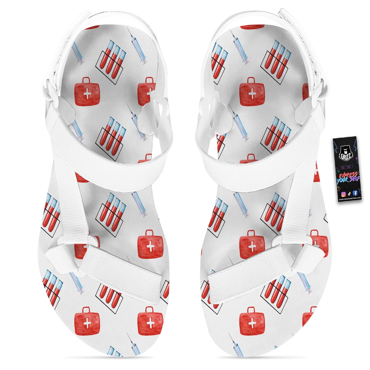 Nurse White And Red Print Pattern White Open Toe Sandals-grizzshop