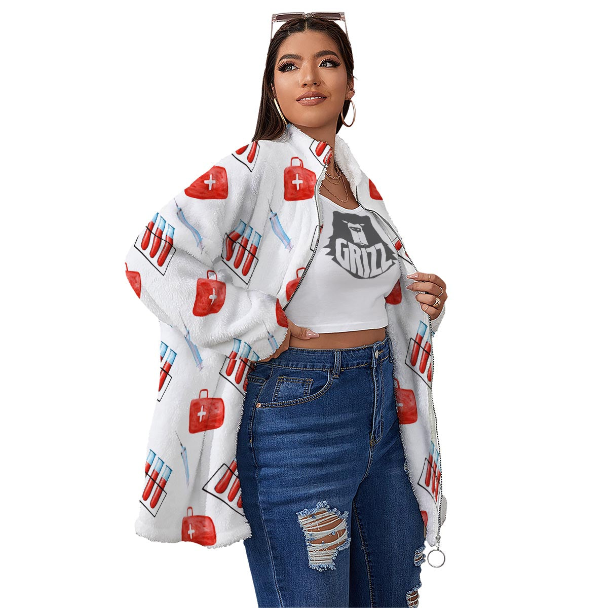 Nurse White And Red Print Pattern Women's Sherpa Jacket-grizzshop