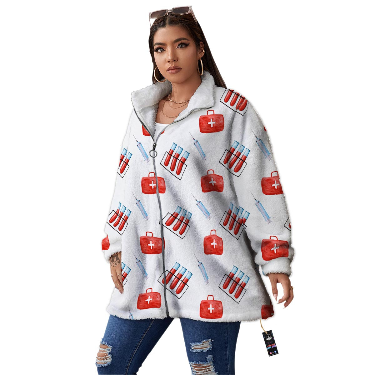 Nurse White And Red Print Pattern Women's Sherpa Jacket-grizzshop