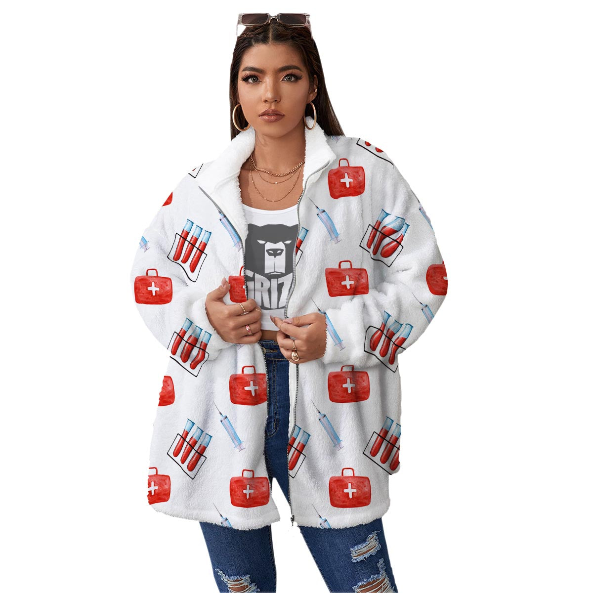 Nurse White And Red Print Pattern Women's Sherpa Jacket-grizzshop