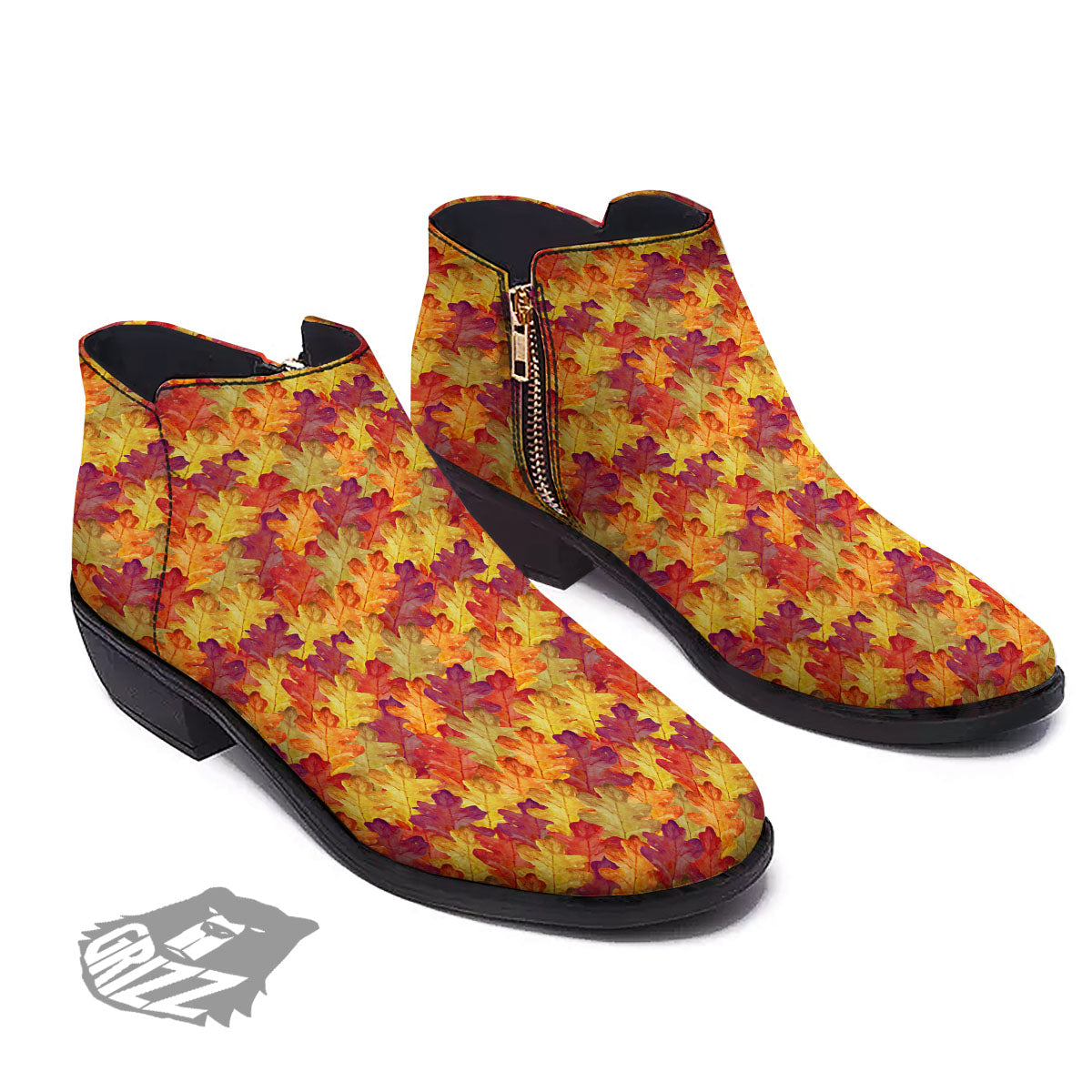 Oak Leaf Autumn Print Ankle Boots-grizzshop