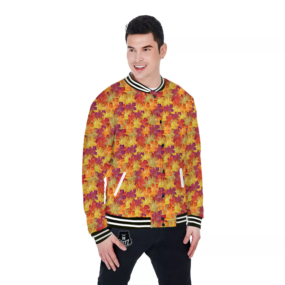 Oak Leaf Autumn Print Baseball Jacket-grizzshop
