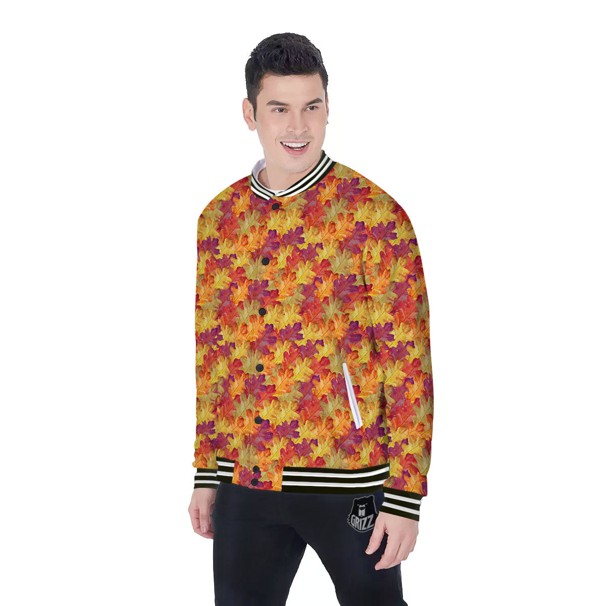 Oak Leaf Autumn Print Baseball Jacket-grizzshop