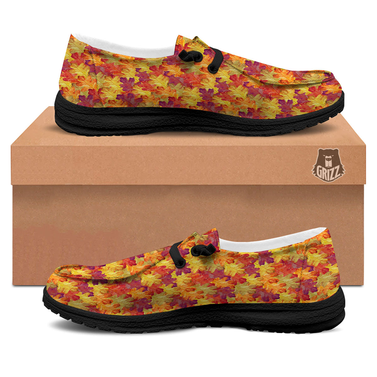 Oak Leaf Autumn Print Black Loafers-grizzshop
