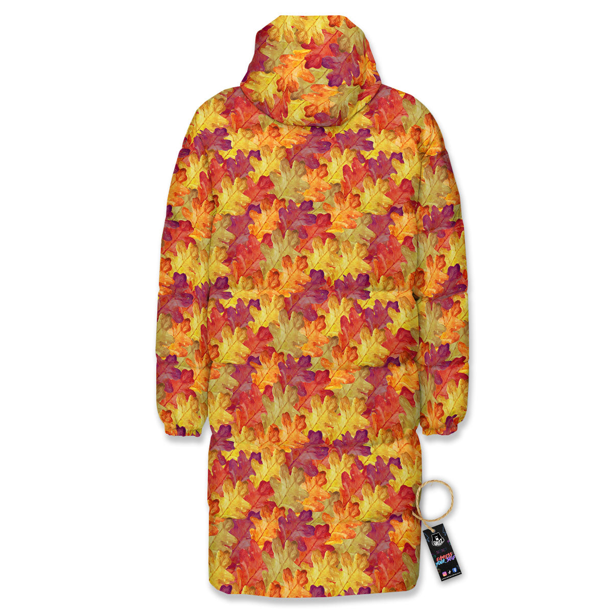 Oak Leaf Autumn Print Long Down Jacket-grizzshop