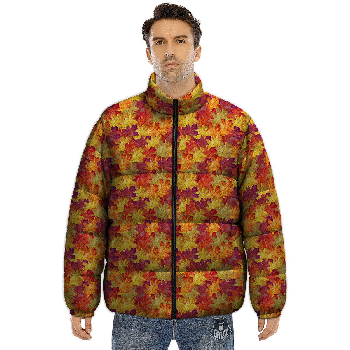Oak Leaf Autumn Print Puffer Jacket-grizzshop