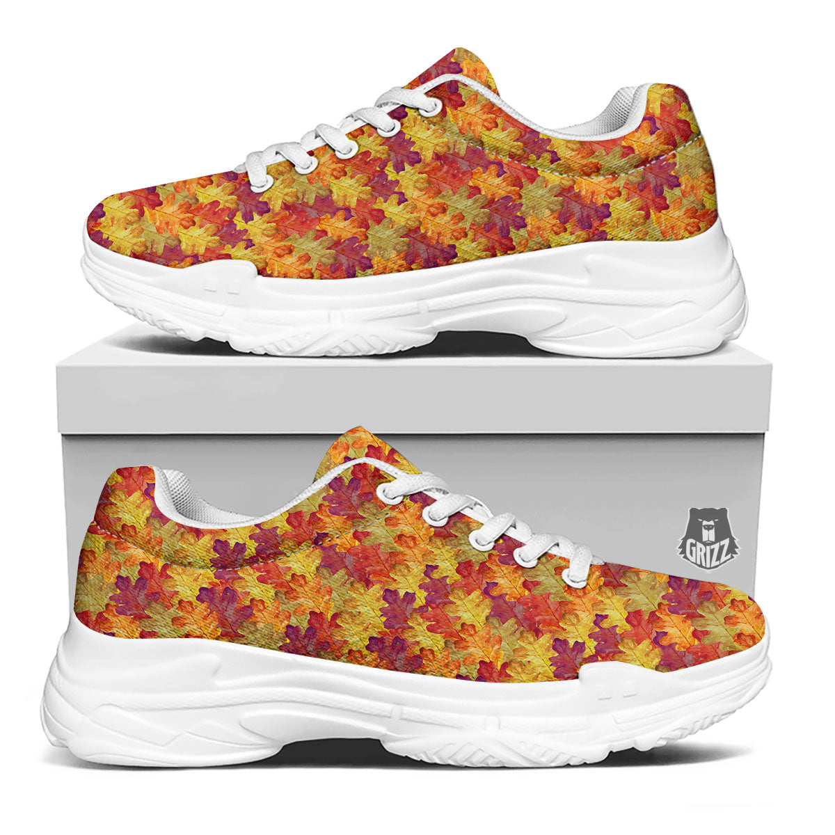 Oak Leaf Autumn Print White Chunky Shoes-grizzshop