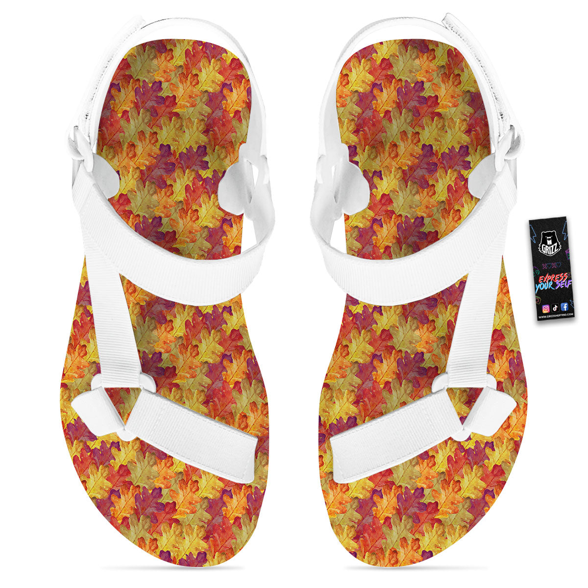Oak Leaf Autumn Print White Open Toe Sandals-grizzshop