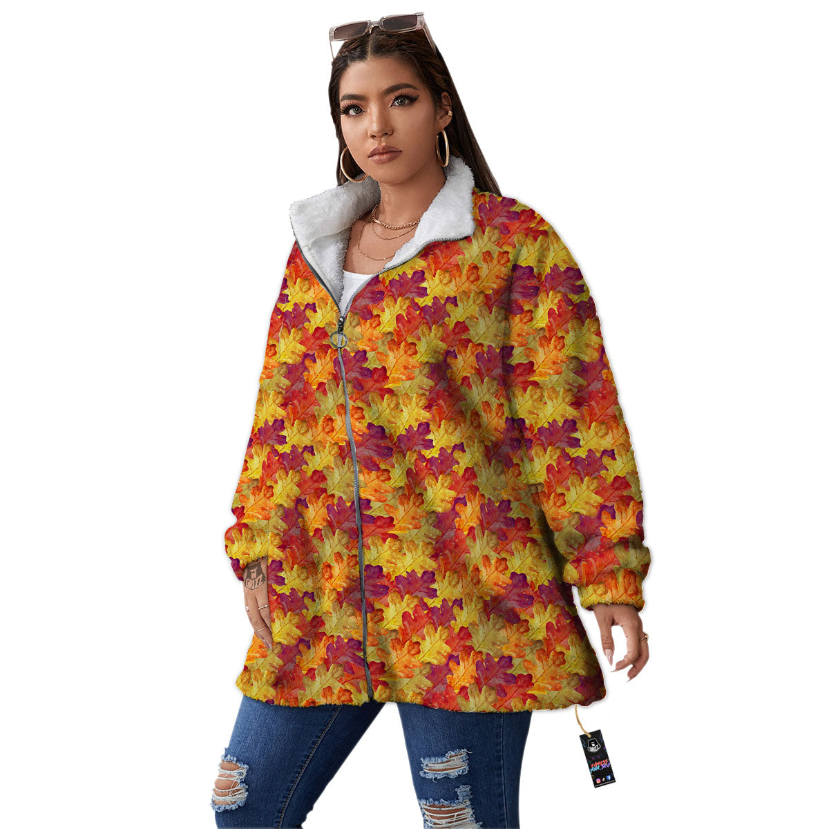 Oak Leaf Autumn Print Women's Sherpa Jacket-grizzshop