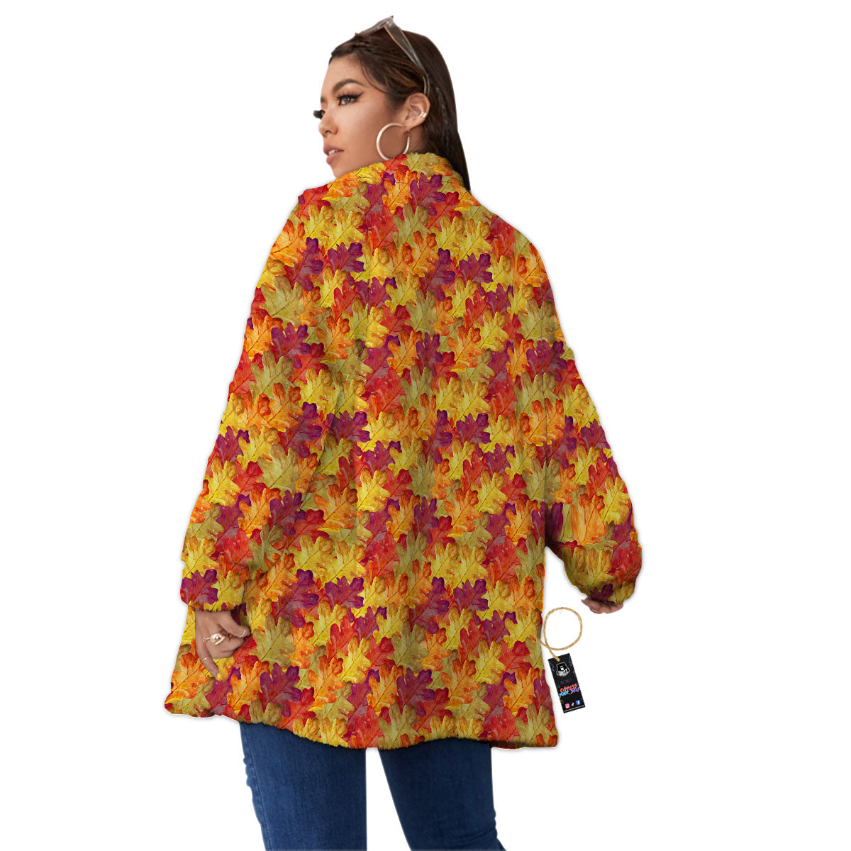 Oak Leaf Autumn Print Women's Sherpa Jacket-grizzshop