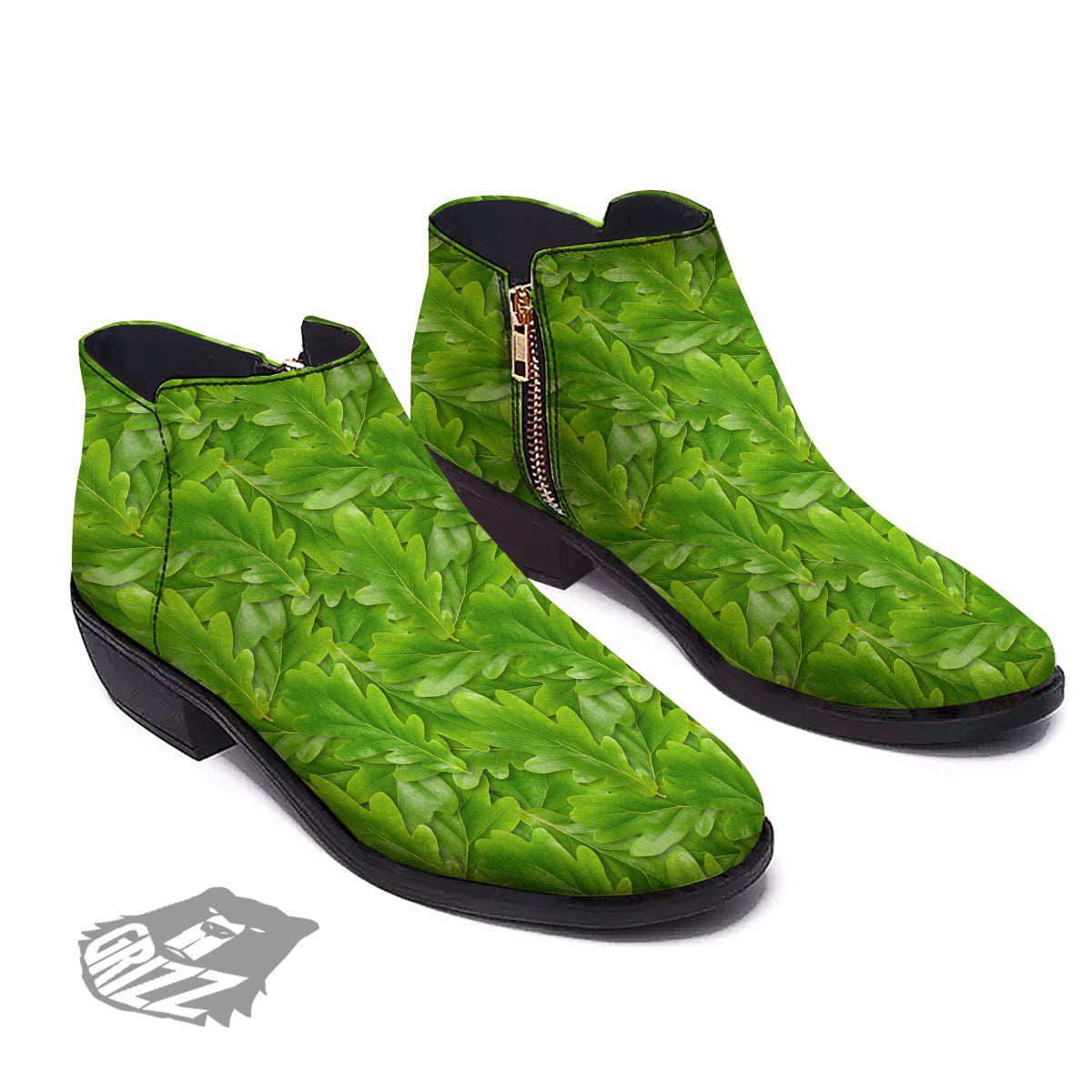 Oak Leaf Green Print Ankle Boots-grizzshop