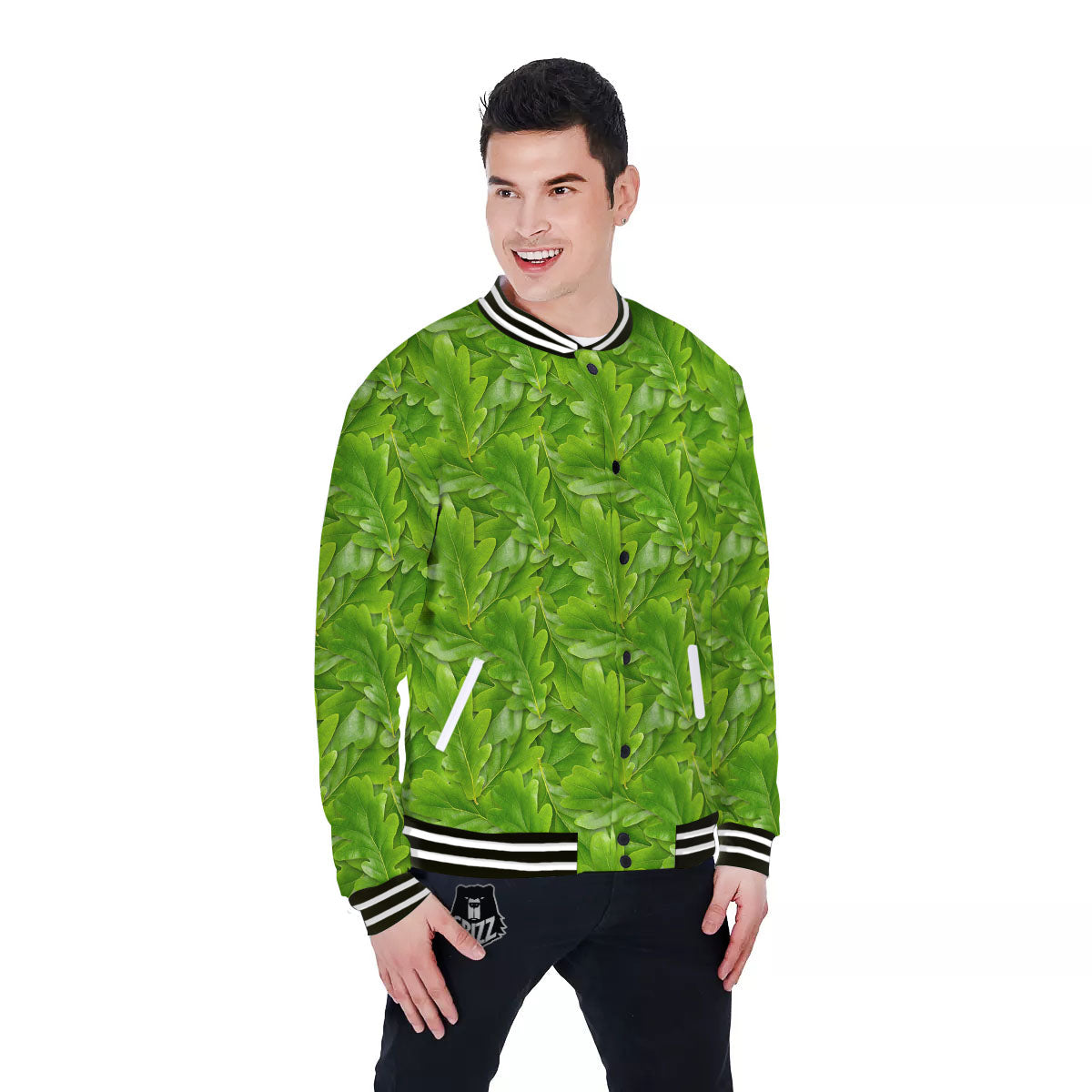 Oak Leaf Green Print Baseball Jacket-grizzshop