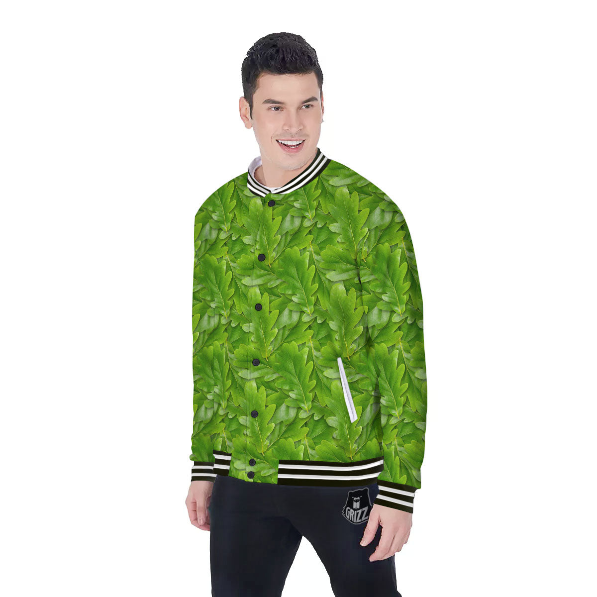Oak Leaf Green Print Baseball Jacket-grizzshop