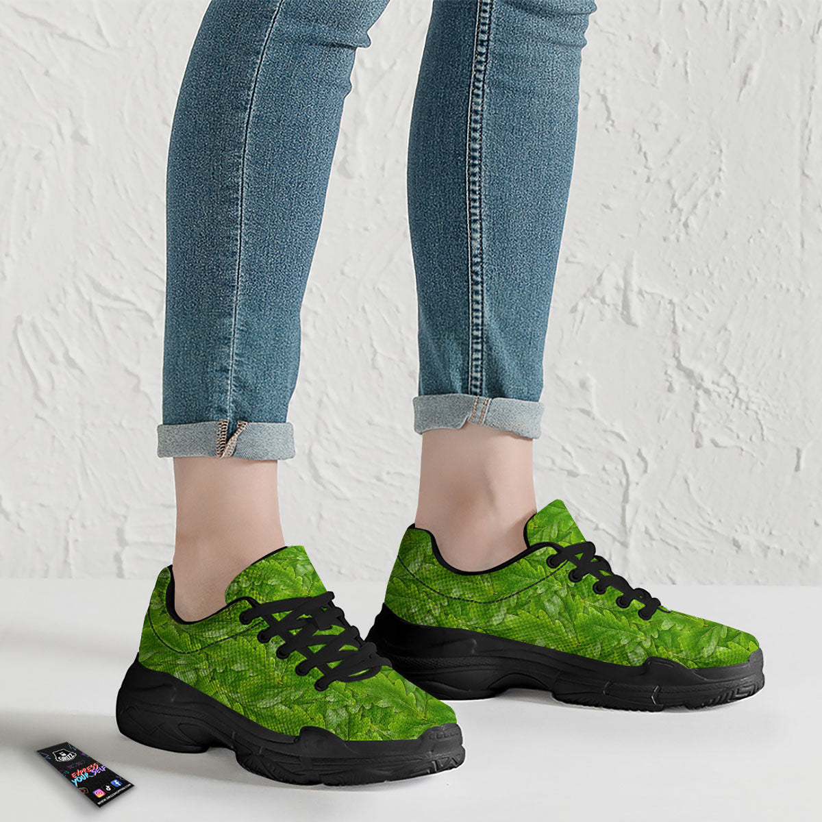 Oak Leaf Green Print Black Chunky Shoes-grizzshop
