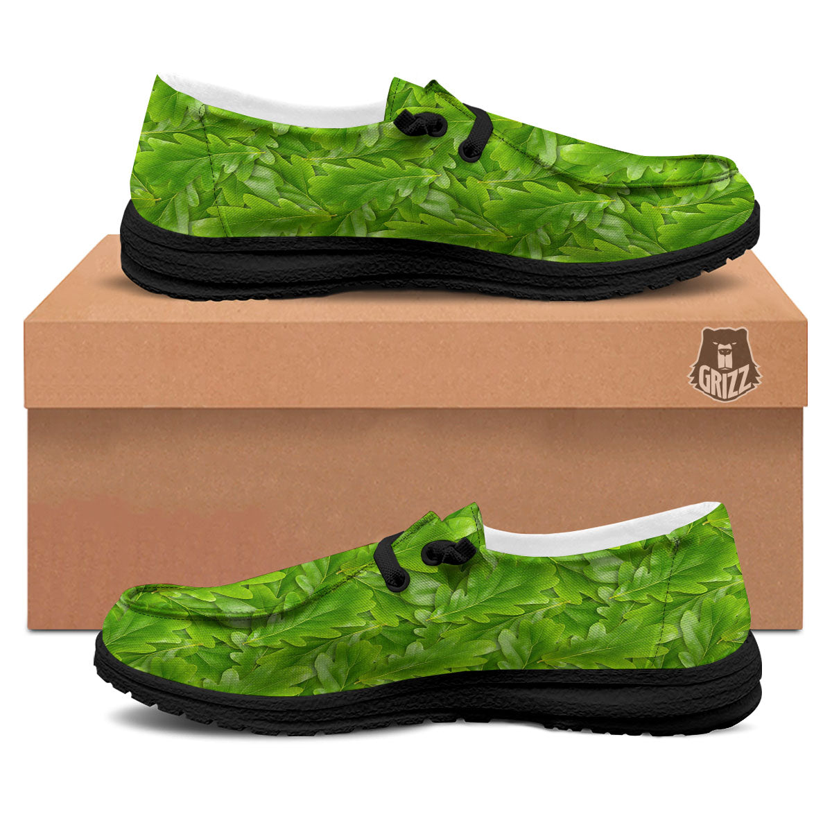 Oak Leaf Green Print Black Loafers-grizzshop