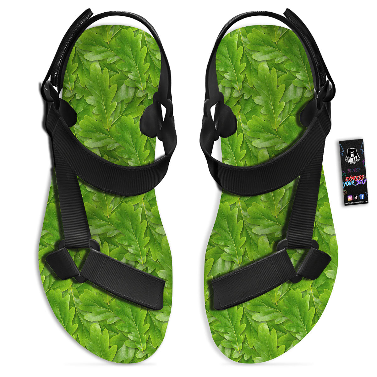 Oak Leaf Green Print Black Open Toe Sandals-grizzshop
