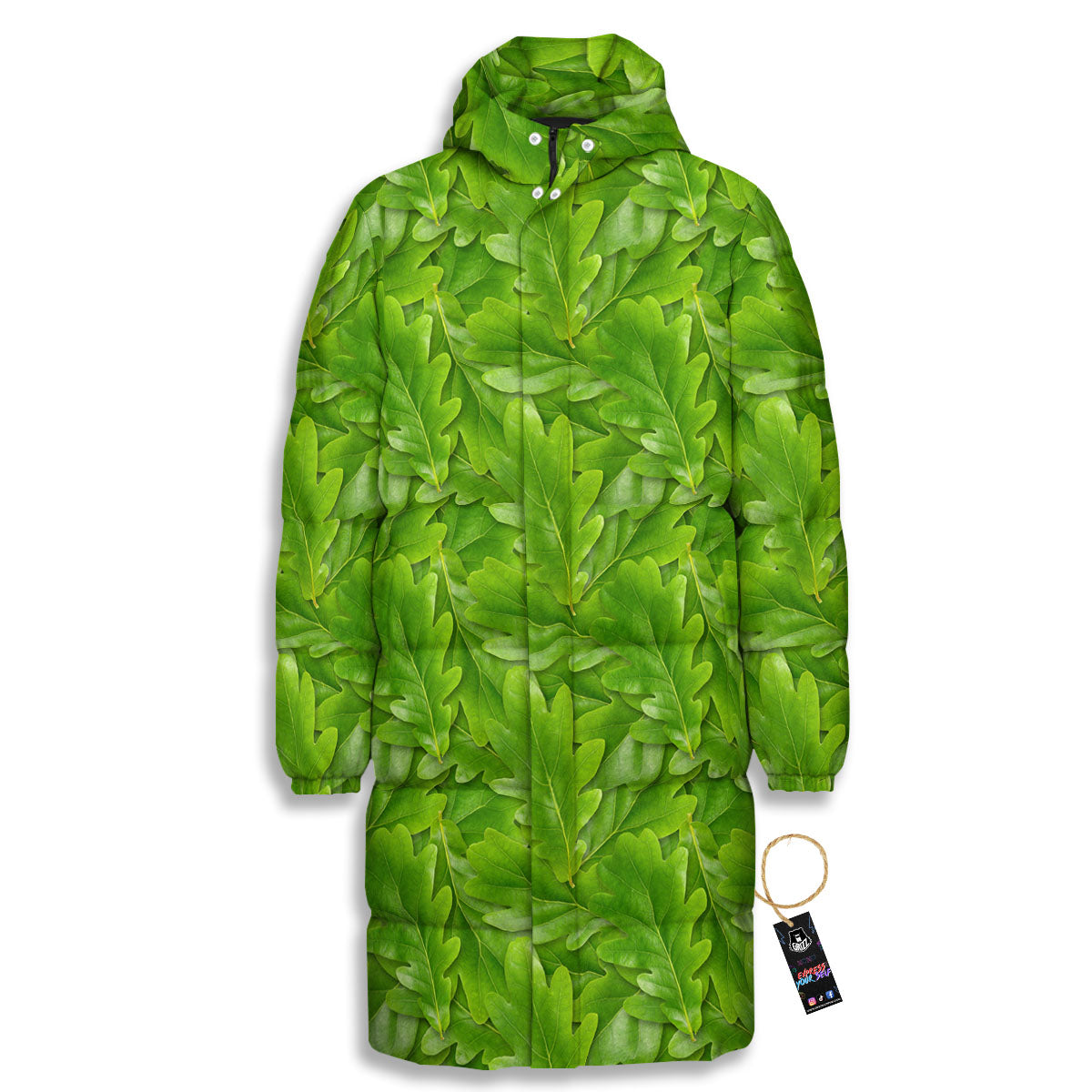 Oak Leaf Green Print Long Down Jacket-grizzshop