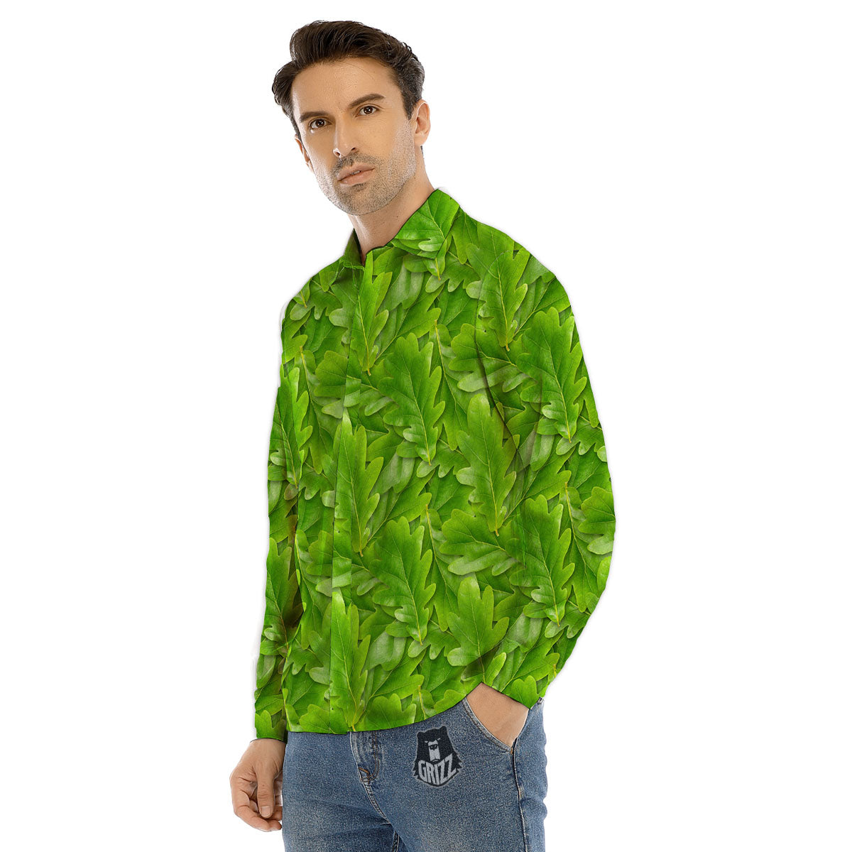 Oak Leaf Green Print Men's Dress Shirts-grizzshop
