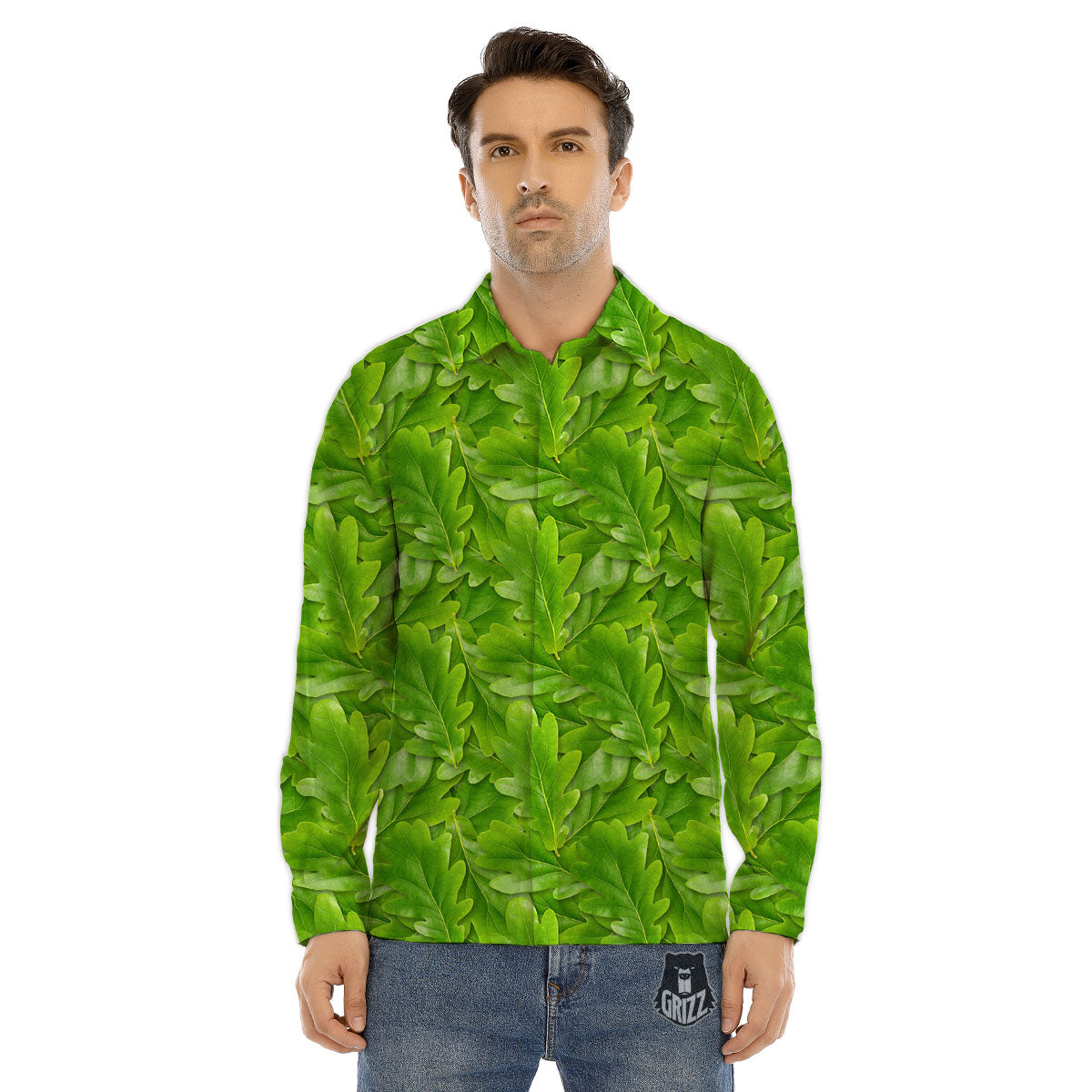 Oak Leaf Green Print Men's Dress Shirts-grizzshop