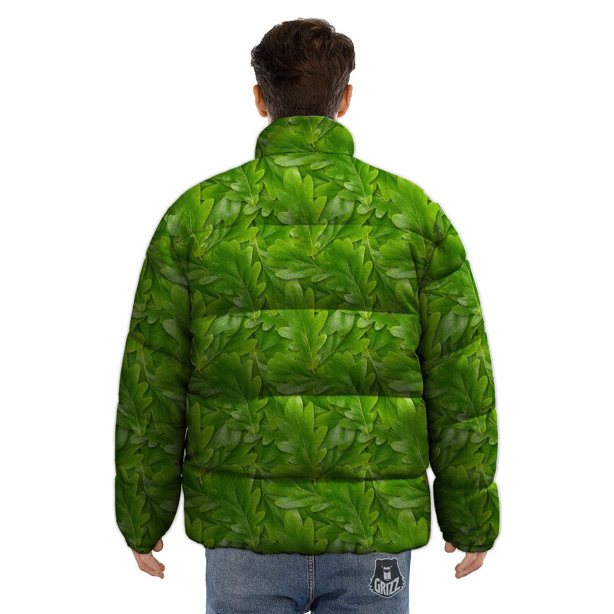 Oak Leaf Green Print Puffer Jacket-grizzshop