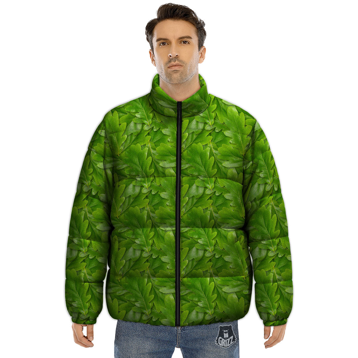 Oak Leaf Green Print Puffer Jacket-grizzshop