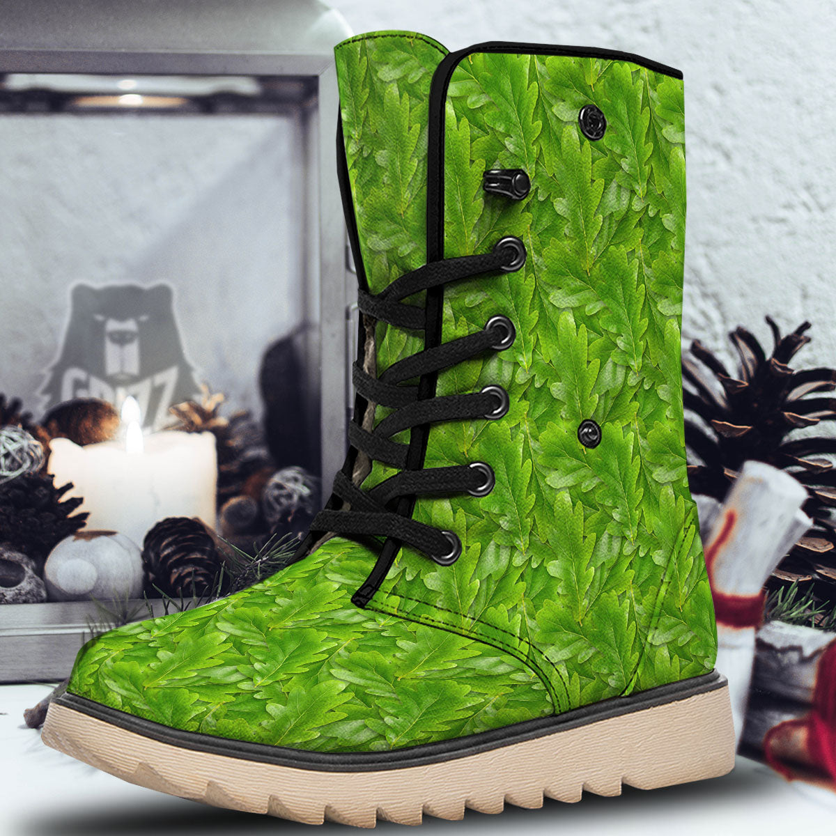 Oak Leaf Green Print Snow Boots-grizzshop