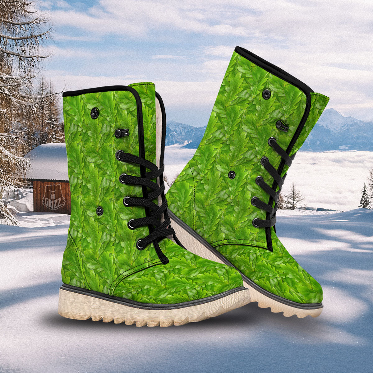 Oak Leaf Green Print Snow Boots-grizzshop