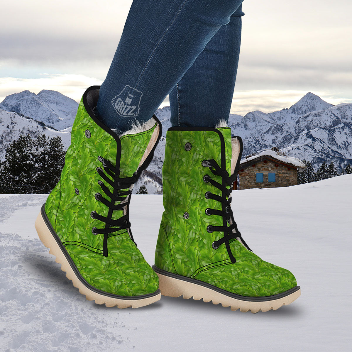 Oak Leaf Green Print Snow Boots-grizzshop