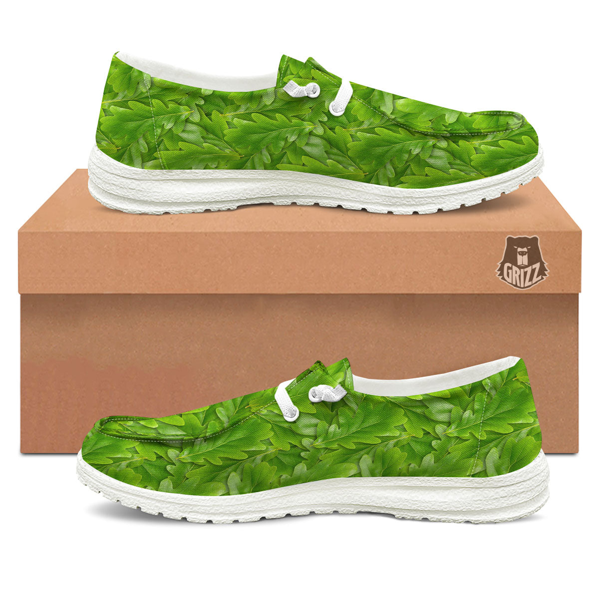 Oak Leaf Green Print White Loafers-grizzshop